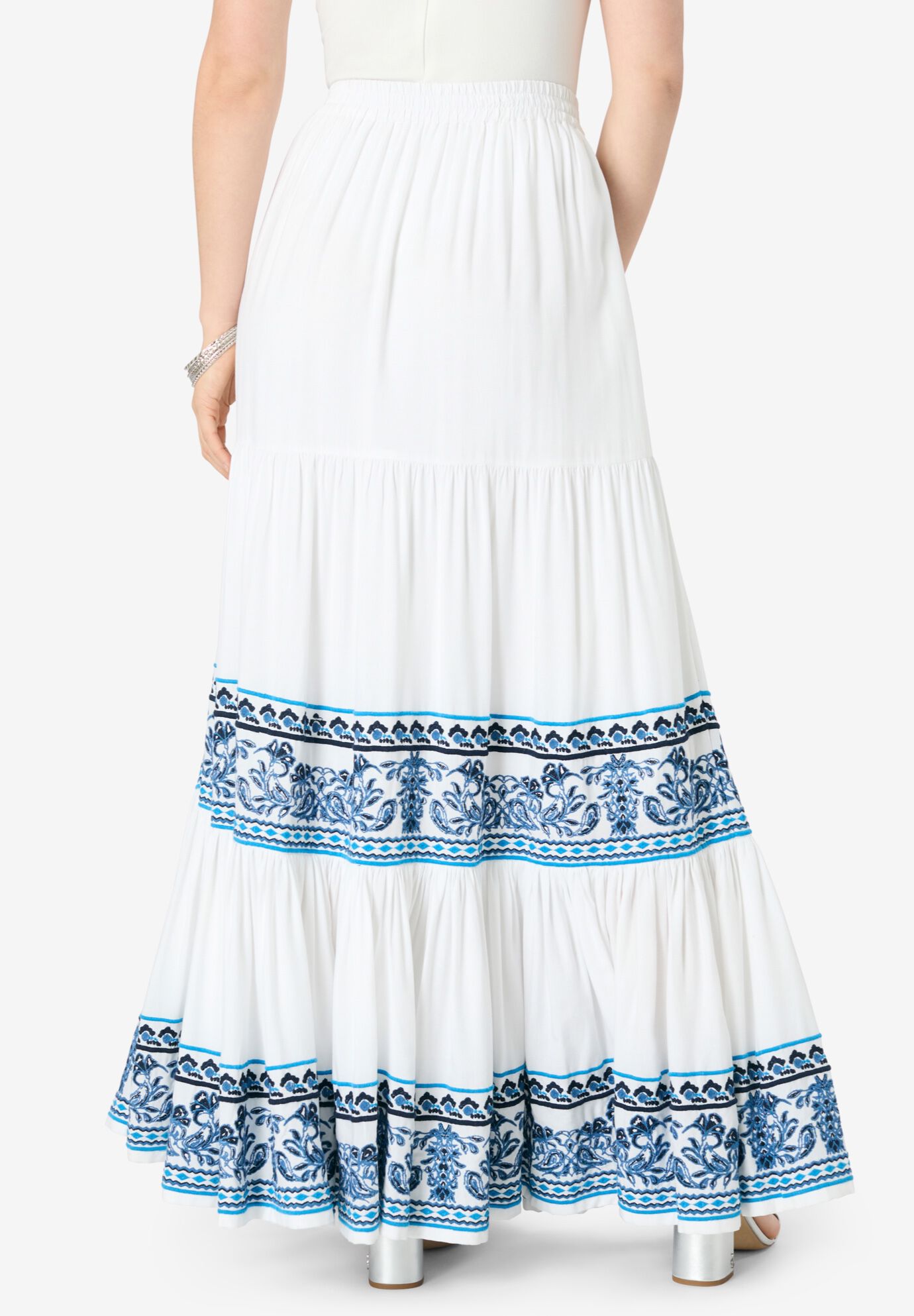 Plus Size Tiered Maxi Skirt, WHITE PORCELAIN EMBROIDERY, on-hover image number 1
