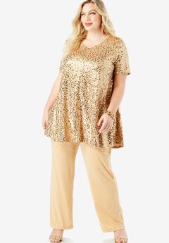 Extended Plus Size 2 Piece S/S Sequin Top and Pant Set