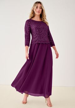 Extended Plus Size Sequin Lace Three Quarter Sleeve A-Line Gown