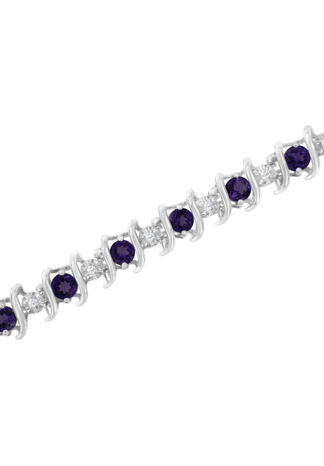 Sterling Silver Gemstone & Round Diamond Tennis Bracelet Purple Amethyst February Birthstone, , alternate image number 3