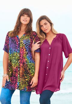 Plus Size Angelina Crinkle Crepe Y-Neck Short Sleeve Tunic