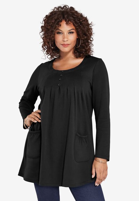 Long-Sleeve Two-Pocket Soft Knit Tunic, BLACK, hi-res image number null