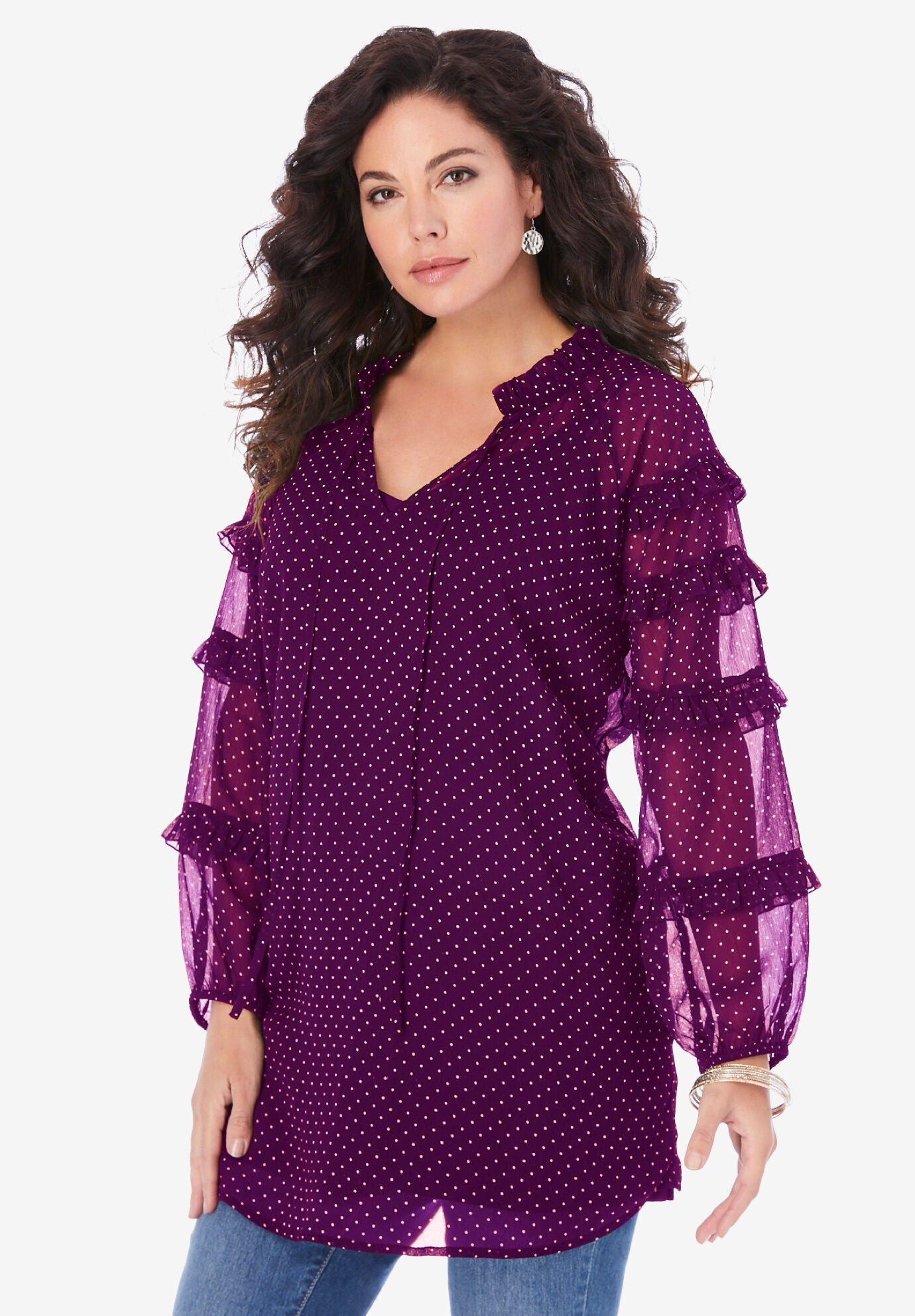 Fashionable Ruffle Blouse, Dark Berry Polka Dots Roaman's