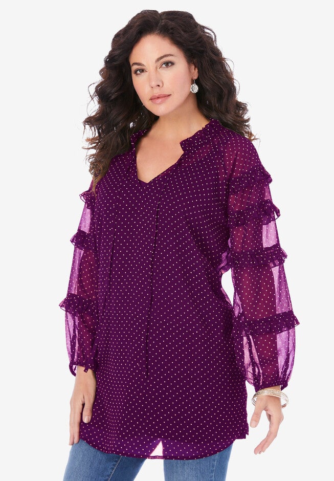 Fashionable Ruffle Blouse, Dark Berry Polka Dots Roaman's