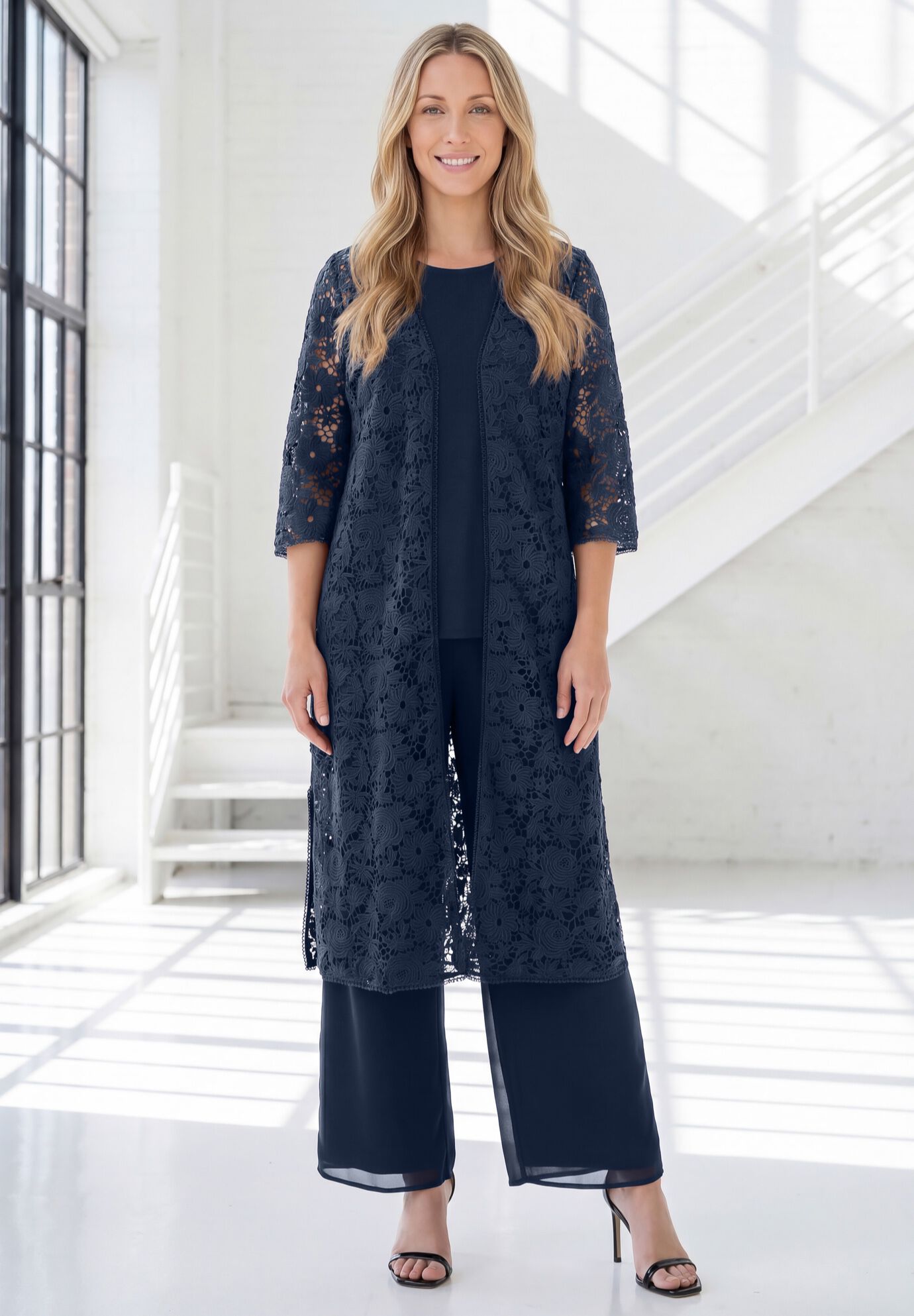 Plus Size 3-Piece Allover Lace Duster Pant Set &ndash; Formal Wear