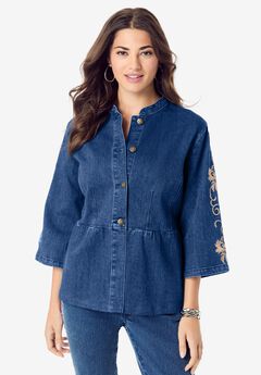 Embroidered Button Front Peplum Denim Jacket