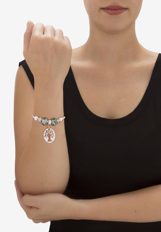 Silvertone Antiqued Bali Style Tree of Life and Owl Charm Bracelet 7.5 inches, , alternate image number null
