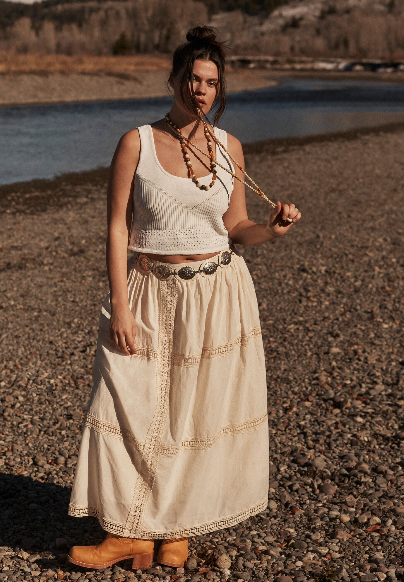 Lace Insert Midi Skirt, WARM CREAM, alternate image number 3