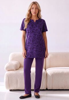 Plus Size Soft Knit Print Tunic with Notch Neckline