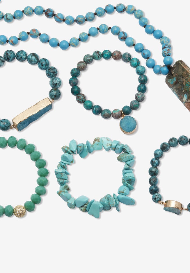 Genuine Blue Jasper Goldtone Necklace And Beaded Bracelet Set, 34 Inches, , alternate image number null