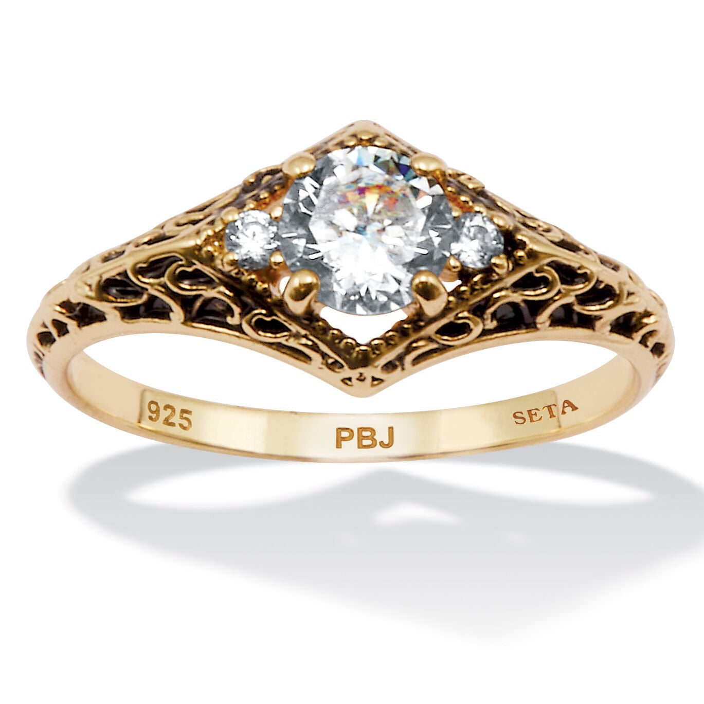 .75 TCW Round Cubic Zirconia Yellow Gold-Plated Sterling Silver Filigree Ring, WHITE, hi-res image number 0