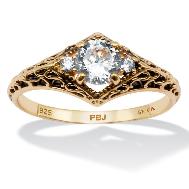 .75 TCW Round Cubic Zirconia Yellow Gold-Plated Sterling Silver Filigree Ring, WHITE, hi-res image number 0