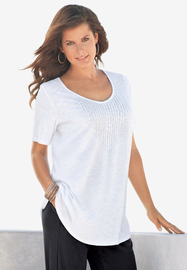 V-Neck Pintuck Tee, WHITE, hi-res image number 0