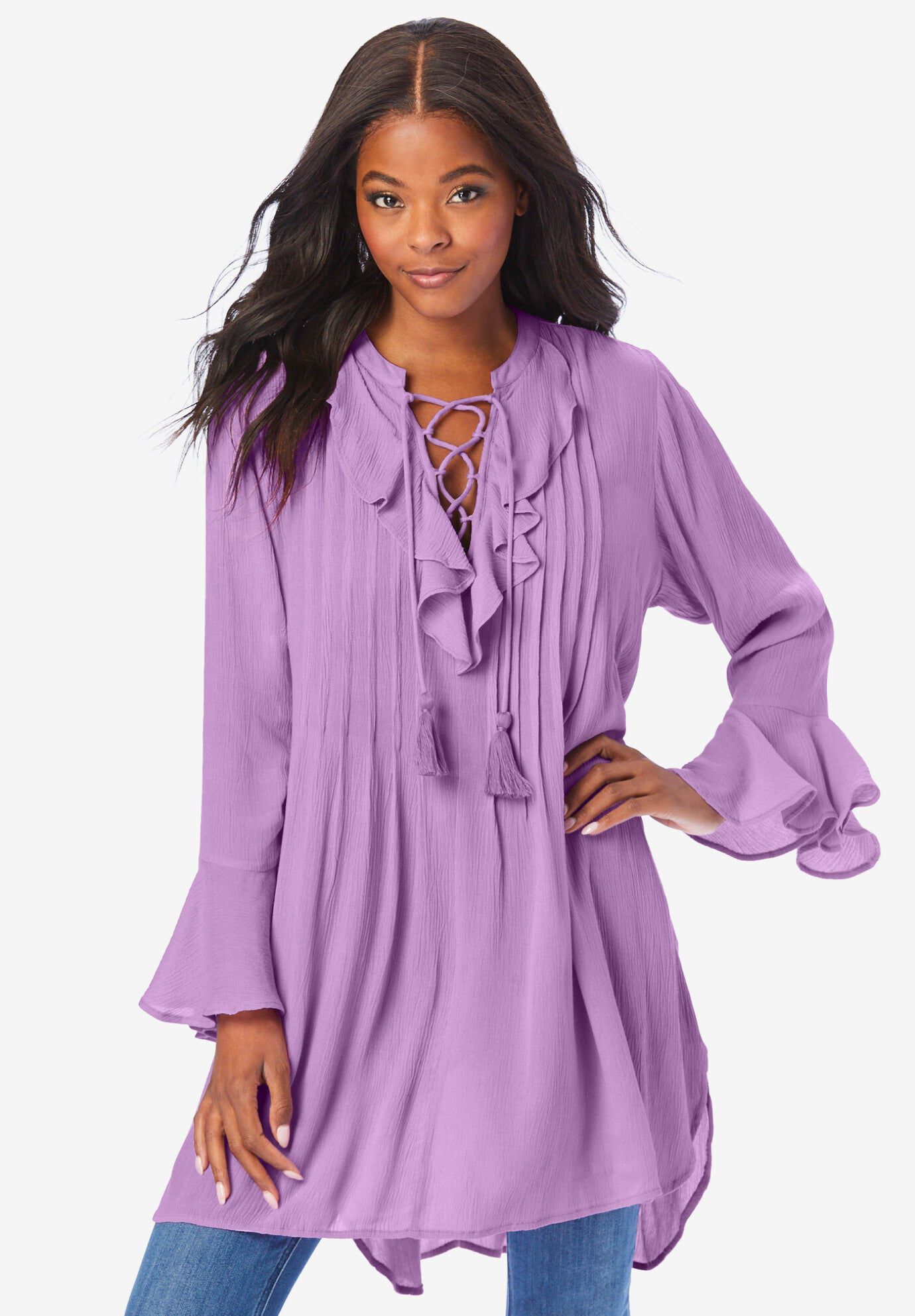 Fashionable Ruffle Pintuck Crinkle Tunic, Violet | Roaman's
