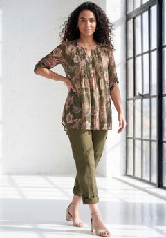 Plus Size Tara Pleated Shirt – Adjustable 3/4 Sleeve Swing Tunic with Notch Collar