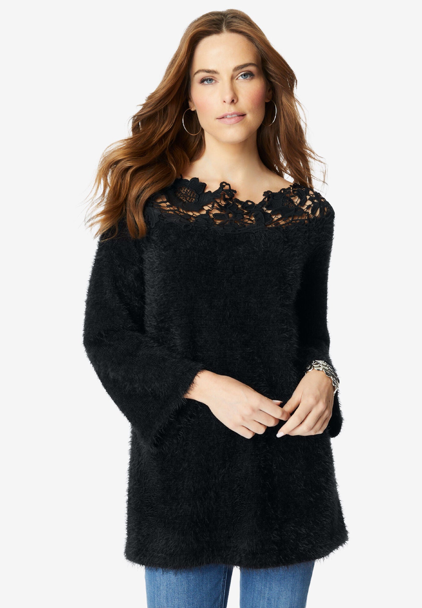 Fashionable LaceNeck Eyelash Sweater, Black Roaman's