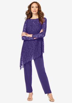 Extended Plus Size Asymmetrical Lace Pant Set –Long Sleeve Lace Scalloped Tunic & Elastic Waist Pant