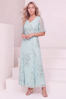 Plus-Size Flutter Sleeve Allover Embroidered Gown