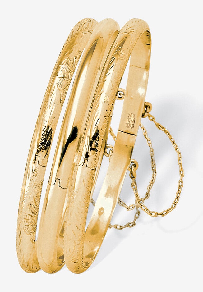 18K Gold-Plated Sterling Silver 3-Piece Set Of Etched And Polished Bangle Bracelets, GOLD, hi-res image number null