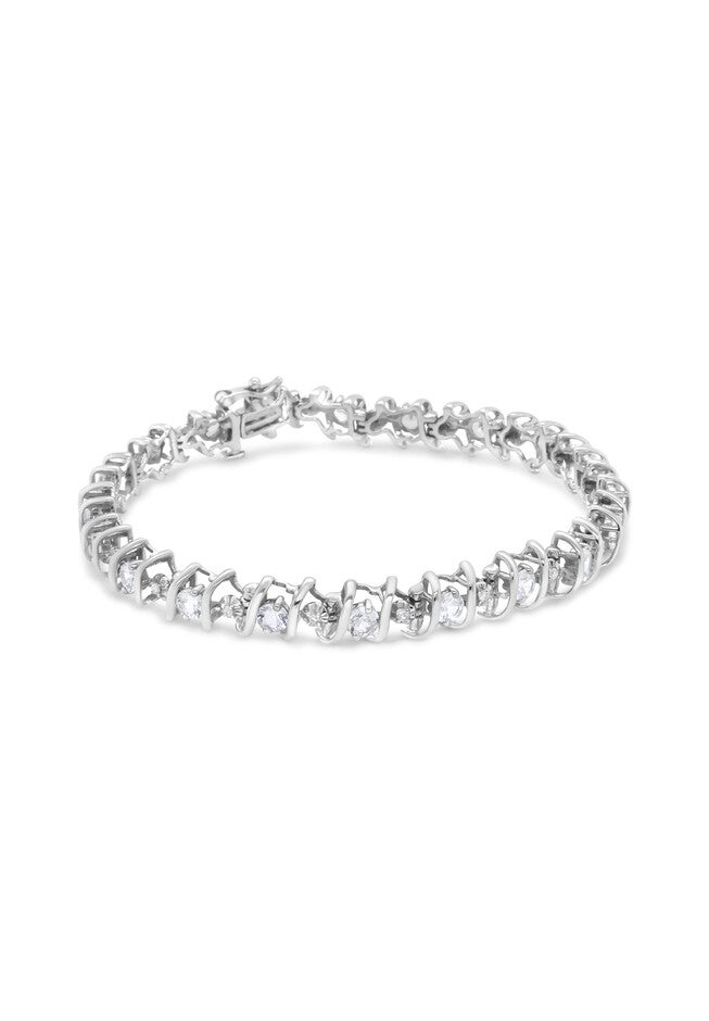 Sterling Silver Gemstone & Round Diamond Tennis Bracelet White Sapphire April Birthstone, , alternate image number 2