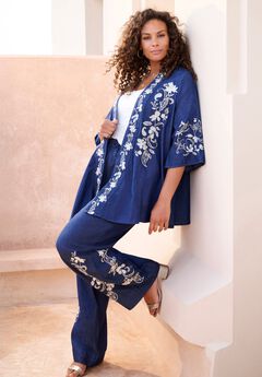 Plus Size Chambray Embroidered Kimono
