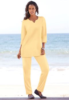 Plus Size Three-Quarter Sleeve Notch Neck Soft Knit Tunic