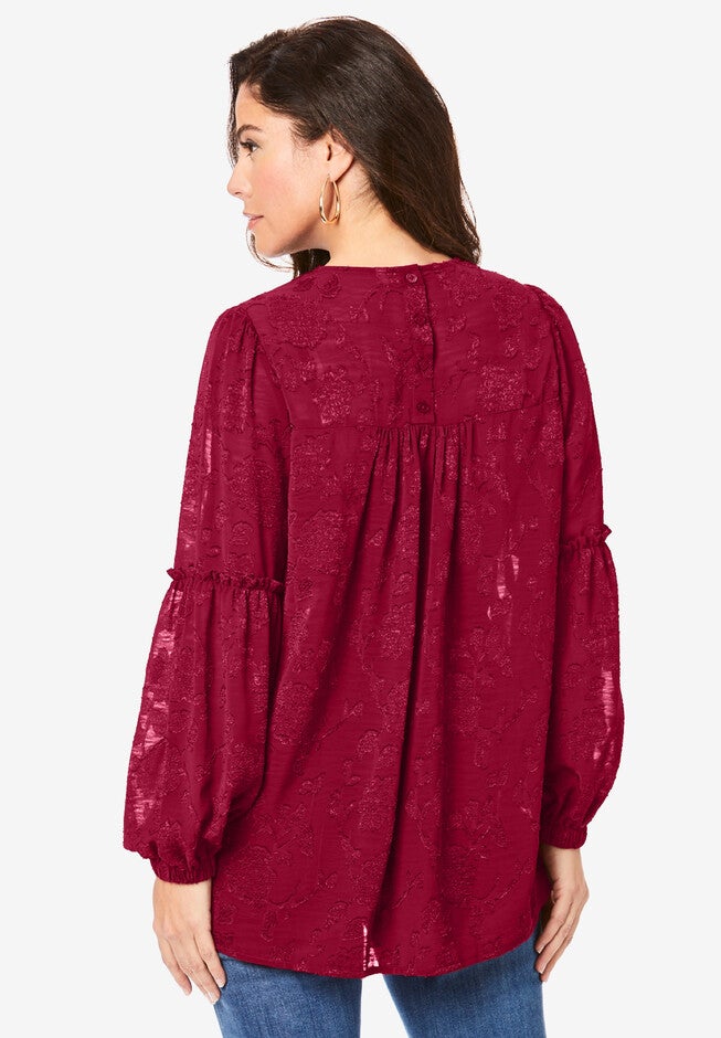 Textured Blouson-Sleeve Big Shirt., , on-hover image number null