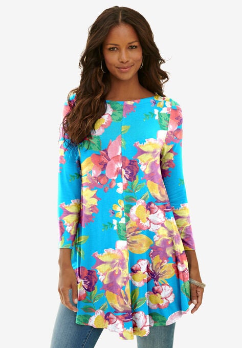 Boatneck Swing Ultra Femme Tunic, OCEAN ORCHID GARDEN, hi-res image number null