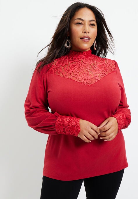 Lace Yoke Mockneck Top, CLASSIC RED, hi-res image number null