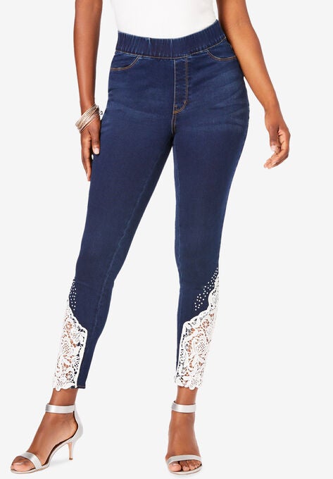 Lace-Applique No-Gap Jean, DARK WASH, hi-res image number null