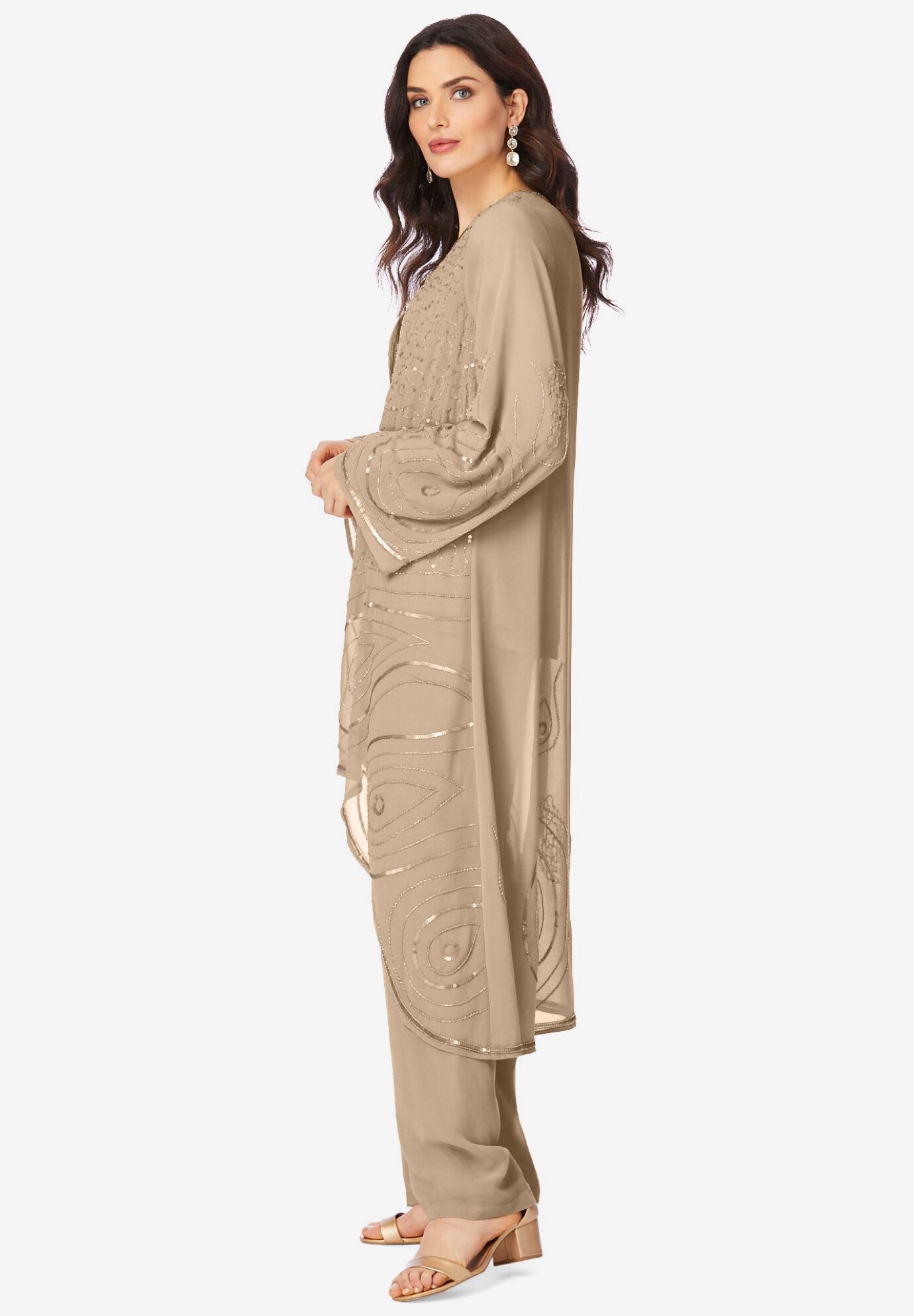 Plus Size Beaded Georgette Scoop Neck 3-Piece Pant Set, SPARKLING CHAMPAGNE, alternate image number 2