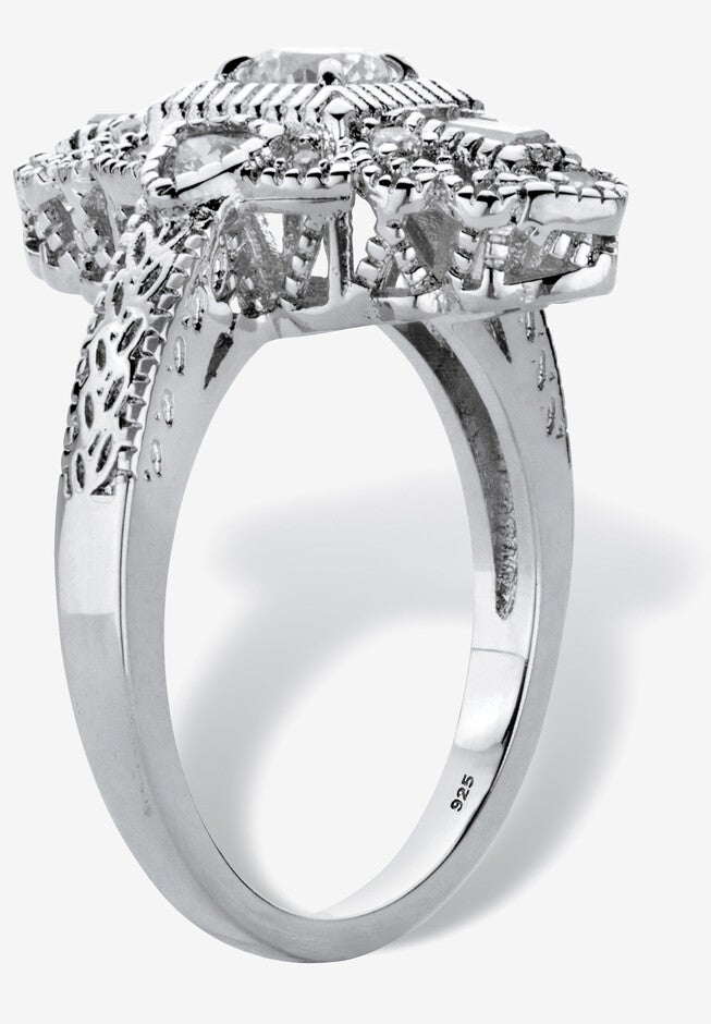 1.03 Cttw. Round Cubic Zirconia Platinum-Plated Sterling Silver Art Deco-Style Ring, , on-hover image number 1