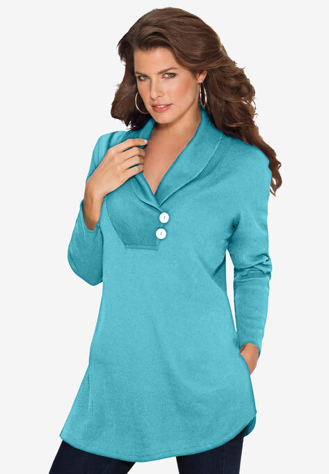 Thermal Shawl-Collar Tunic, SOFT TURQUOISE, hi-res image number null