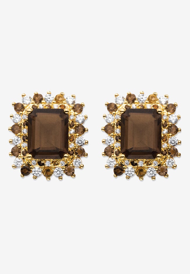 10.31 Tcw Emerald-Cut Genuine Smoky Topaz And Cz Gold-Plated Halo Earrings, BROWN, hi-res image number 0