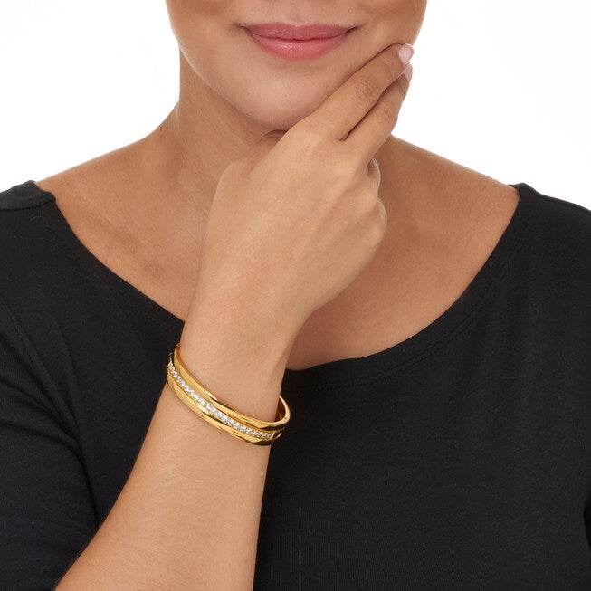 Round Crystal Yellow Gold Ion-Plated Stainless Steel Bangle Bracelet Set 7-inch, WHITE, alternate image number null