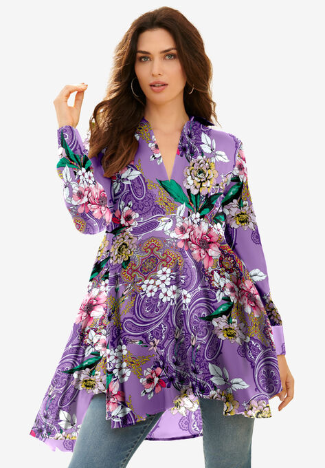 Fit-and-Flare Crinkle Tunic, VIOLET PAISLEY GARDEN, hi-res image number null