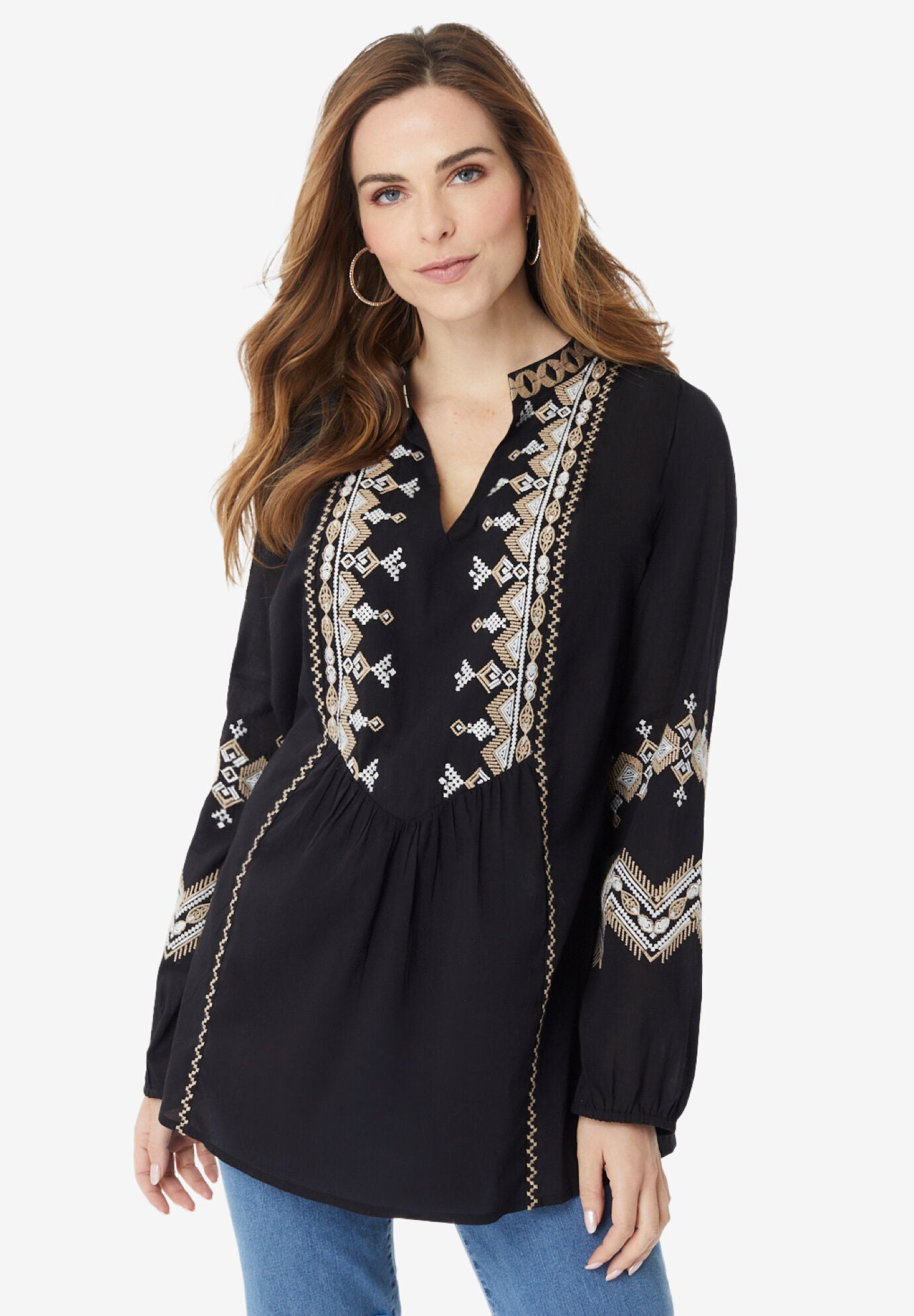 Fashionable Embroidered Cotton Voile Blouse, Black Geo Chevron Roaman's