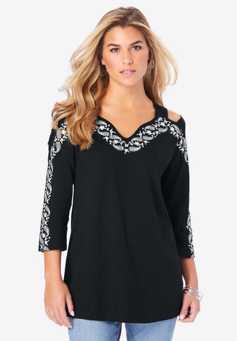 Embroidered Cold-Shoulder Top, BLACK PAISLEY PEARL, hi-res image number null