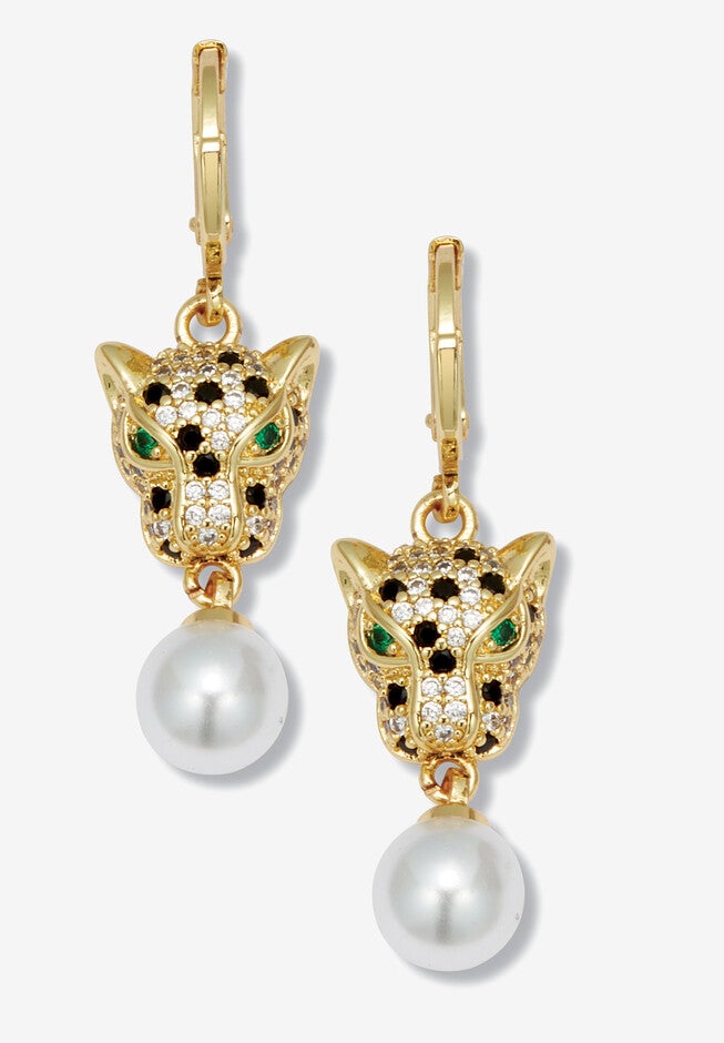 Round Simulated Pearl And Crystal Goldtone Drop Earrings, 22X12Mm, GOLD PEARL, hi-res image number 0