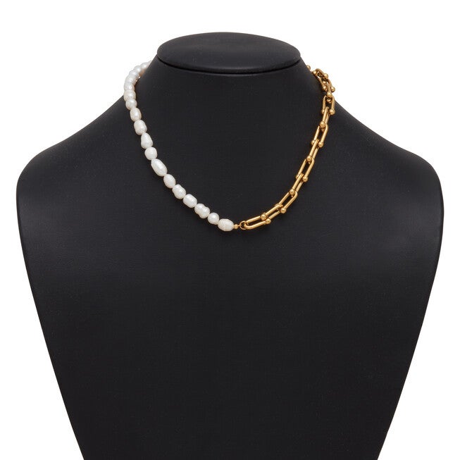 Pearl Gold-Ion Plated Stainless Steel Necklace 16-inch, WHITE, alternate image number null
