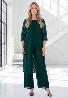 Plus Size 3-Piece Allover Lace Duster Pant Set – Formal Wear