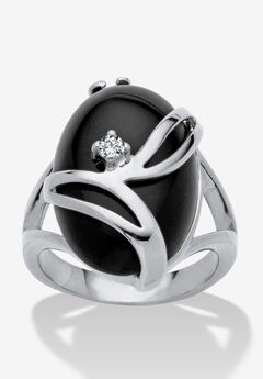 Oval-Shaped Onyx & Crystal Accent Cocktail Ring In Platinum-Plated