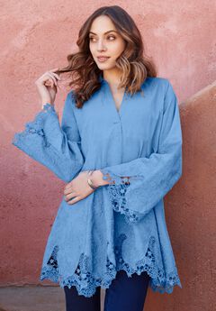 Extended Plus Size Poplin Embroidered Swing Tunic