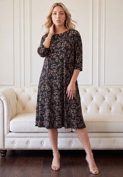 Plus Size 3/4 Sleeve Boatneck Swing Dress