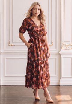 Plus Size Chiffon V-Neck Short Sleeve Tiered Maxi Dress