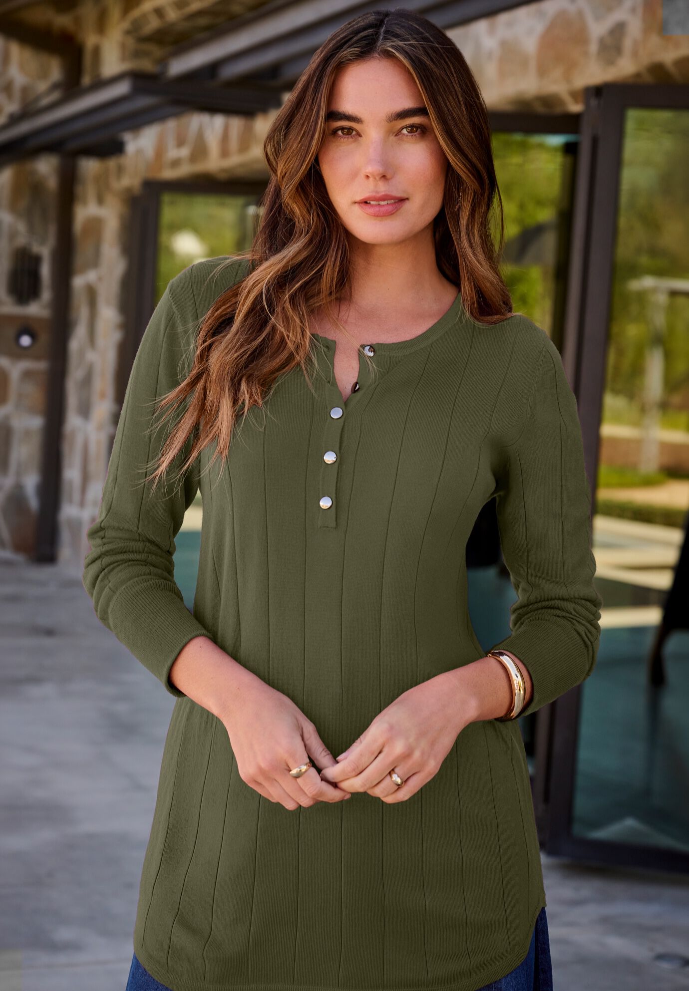 Plus Size Drop Needle Henley Lightweight Sweater Knit, DARK OLIVE GREEN, on-hover image number 1