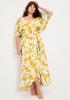 Cold-Shoulder Faux-Wrap Maxi Dress