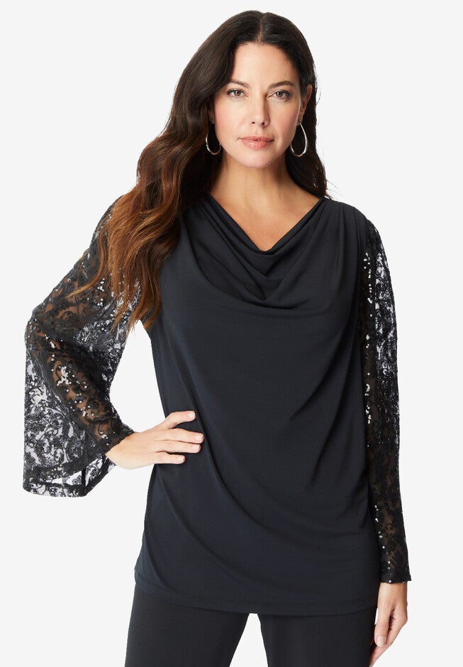 Ultrasmooth® Fabric Embellished Bell-Sleeve Blouse, BLACK DAMASK SEQUIN, hi-res image number null