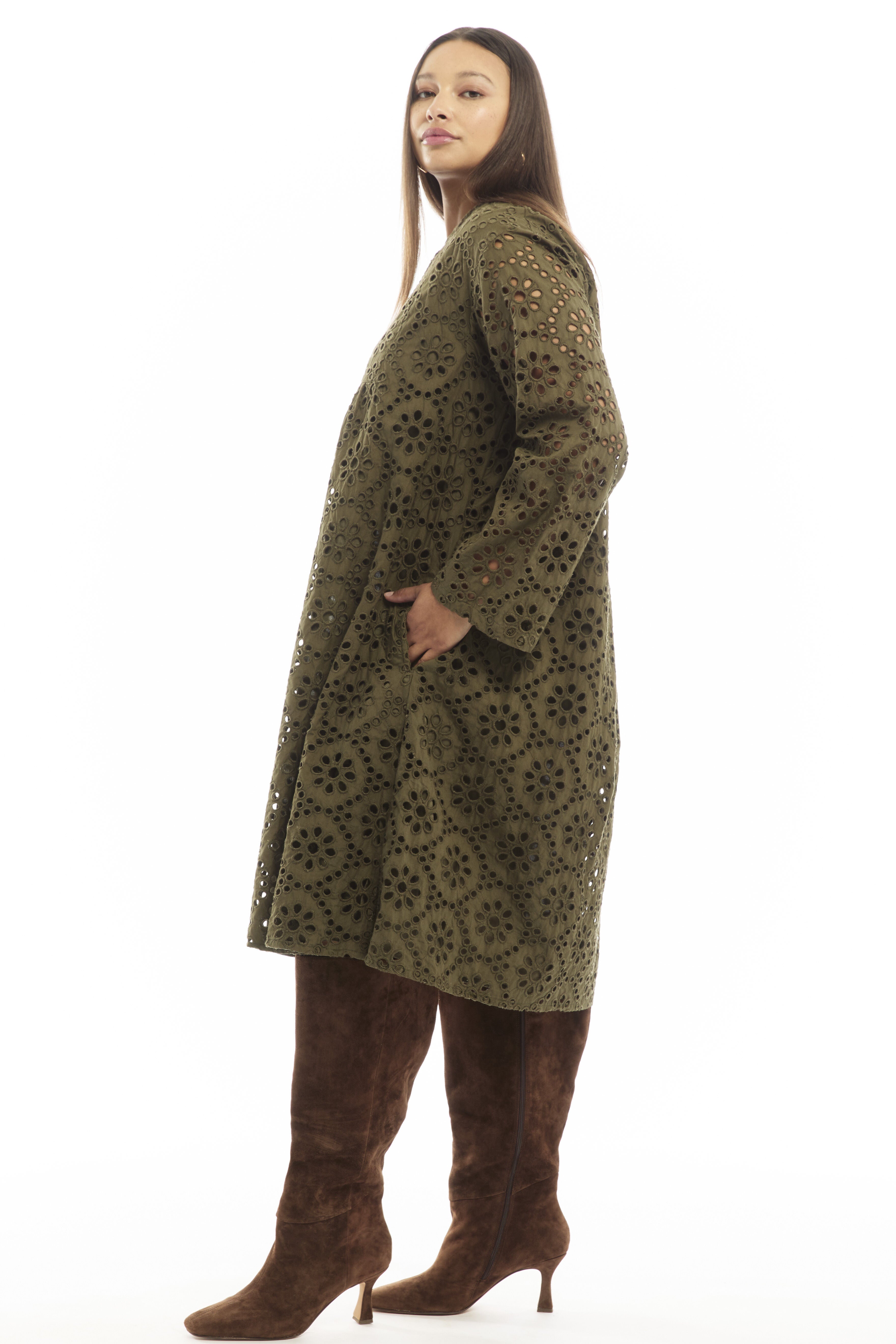 Eyelet Shirtdress, DARK OLIVE GREEN, on-hover image number 1
