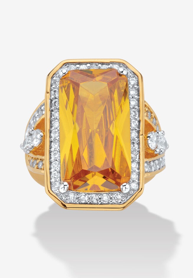 19.52 Tcw Emerald-Cut Yellow Cz Halo Cocktail Ring Yellow Gold-Plated, YELLOW, hi-res image number 0